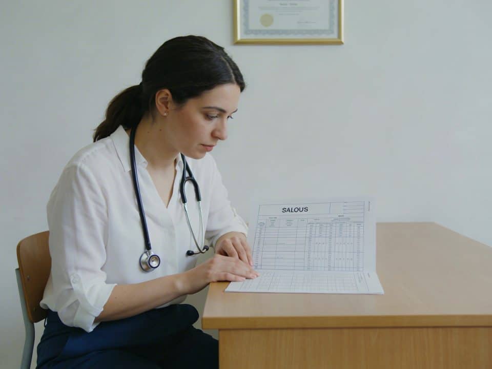aide soignante assise examinant une grille de salaires