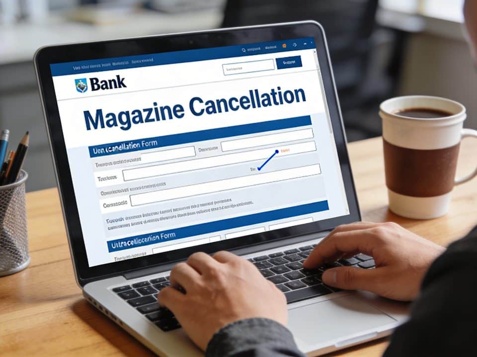 Client assis devant ordinateur remplissant formulaire de resiliation magazine banque