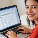 Etudiante souriante devant ordinateur portable ecrivant rapport de stage positif