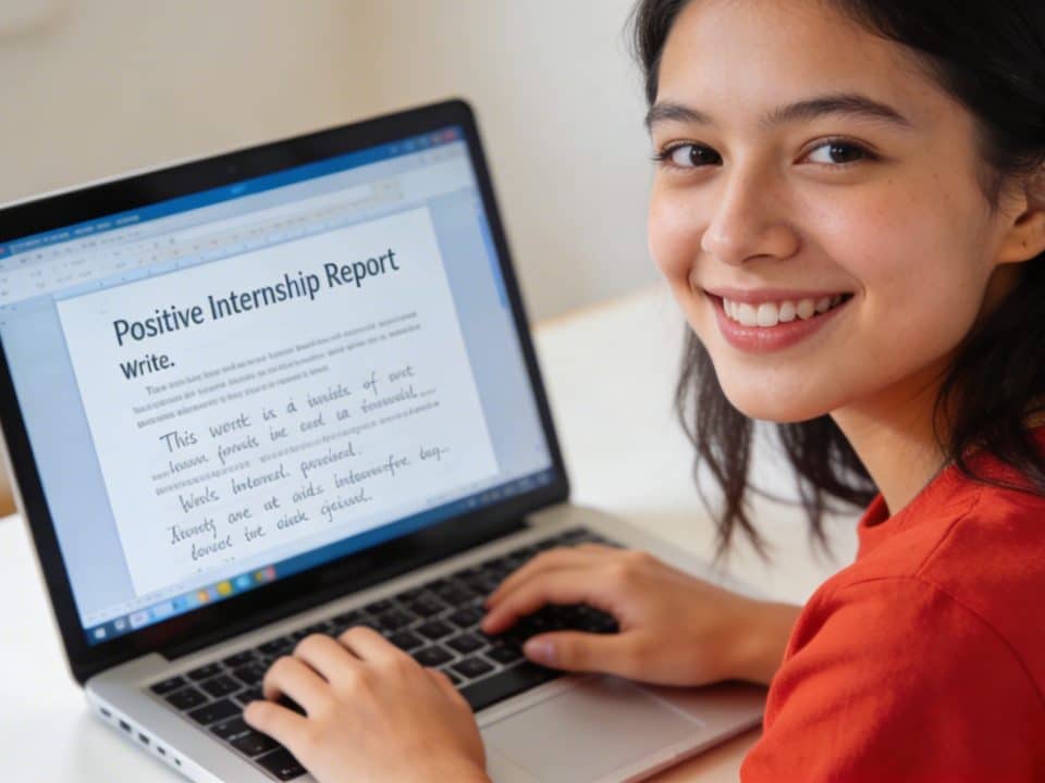 Etudiante souriante devant ordinateur portable ecrivant rapport de stage positif