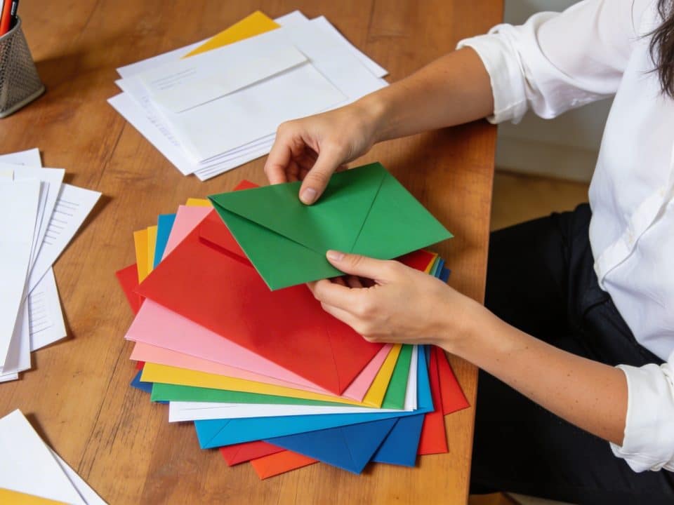 Femme assise à une table triant des enveloppes et pliant des documents