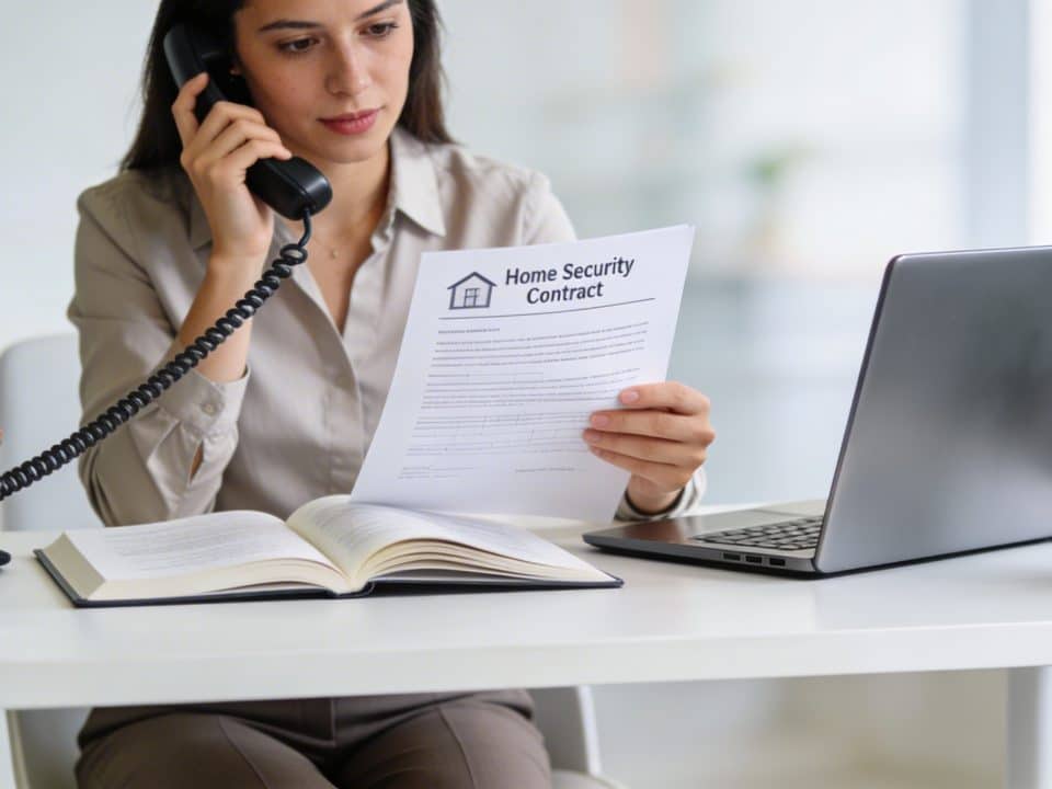 femme assise au bureau telephone en main lisant contrat de telesurveillance