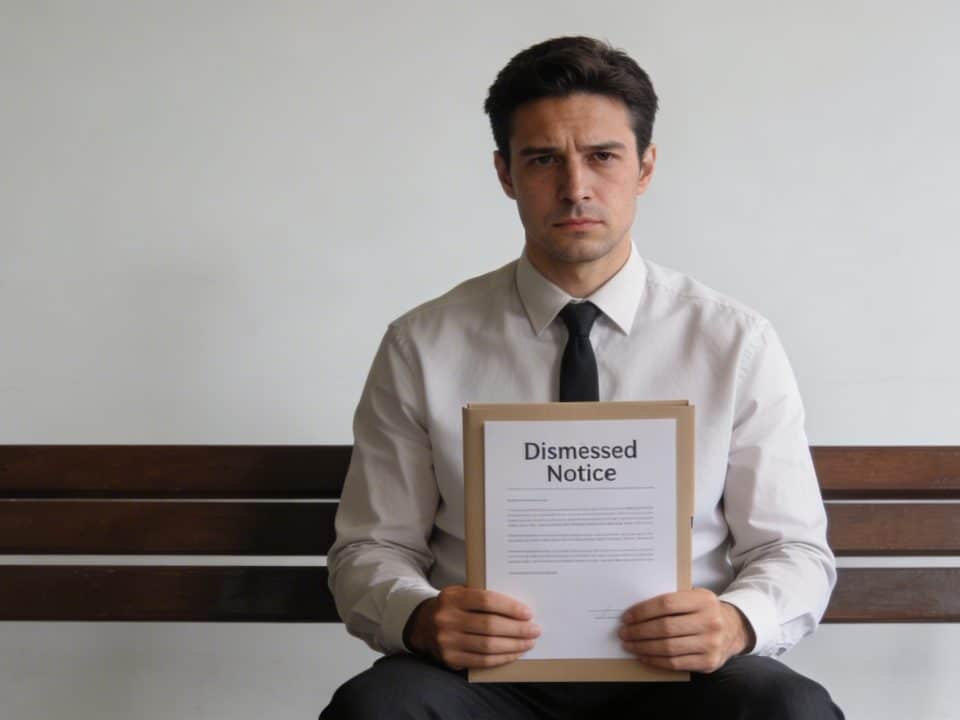 Homme assis seul sur un banc, dossier de licenciement en main