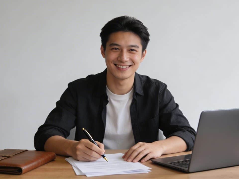 jeune entrepreneur souriant signant des documents au bureau