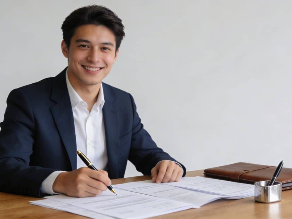 jeune entrepreneur souriant signant des papiers administratifs