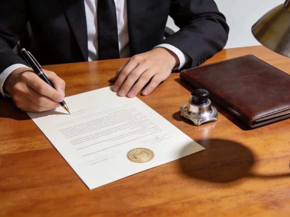Notaire assis derriere son bureau signant une lettre officielle