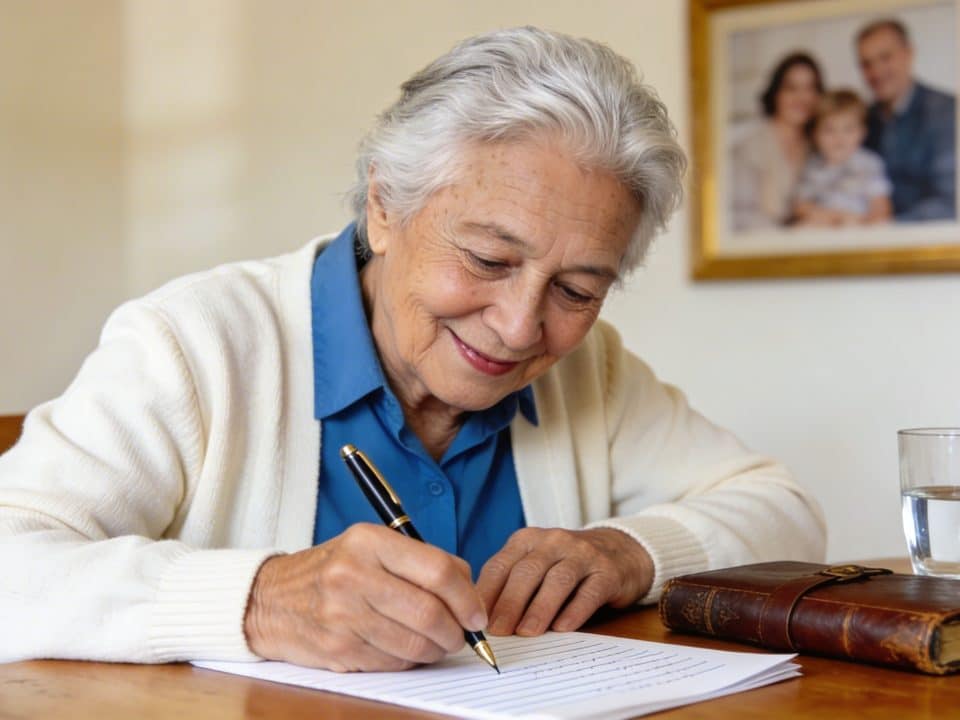 Personne agee assise a une table ecrivant un document a la main