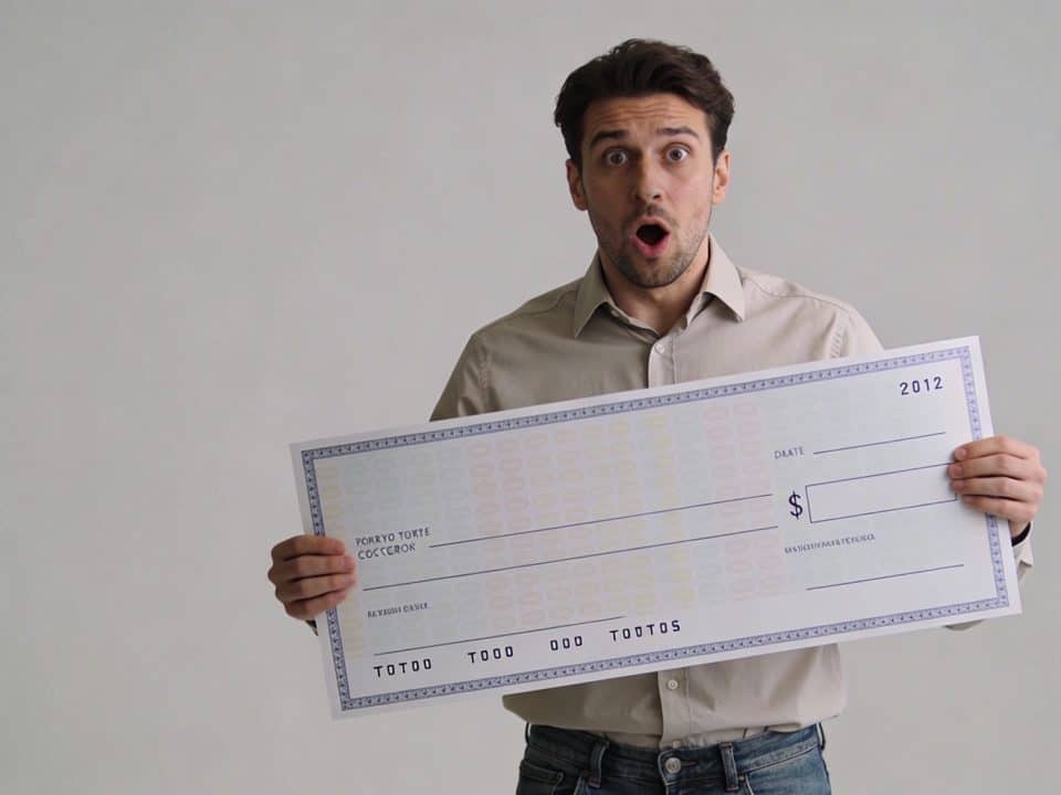 Homme surpris brandissant un enorme cheque de loterie