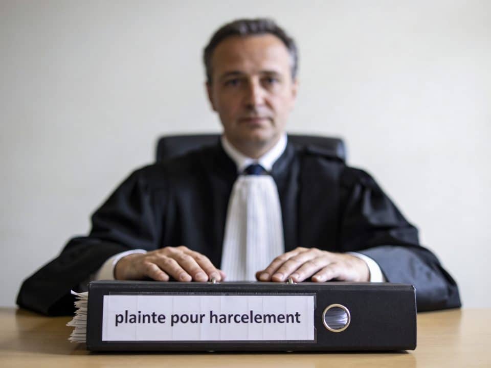 Huissier assis devant dossier epais, plainte pour harcelement