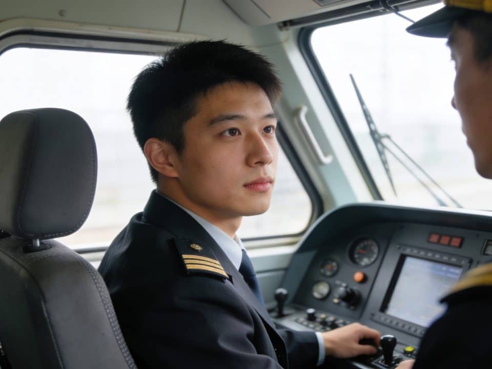 Stagiaire conducteur assis cabine locomotive observant instructeur