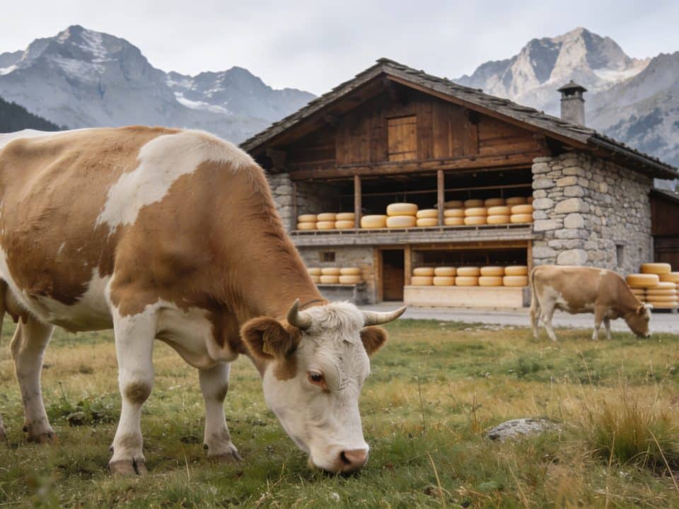 Vaches paissant devant fromagerie de village alpin