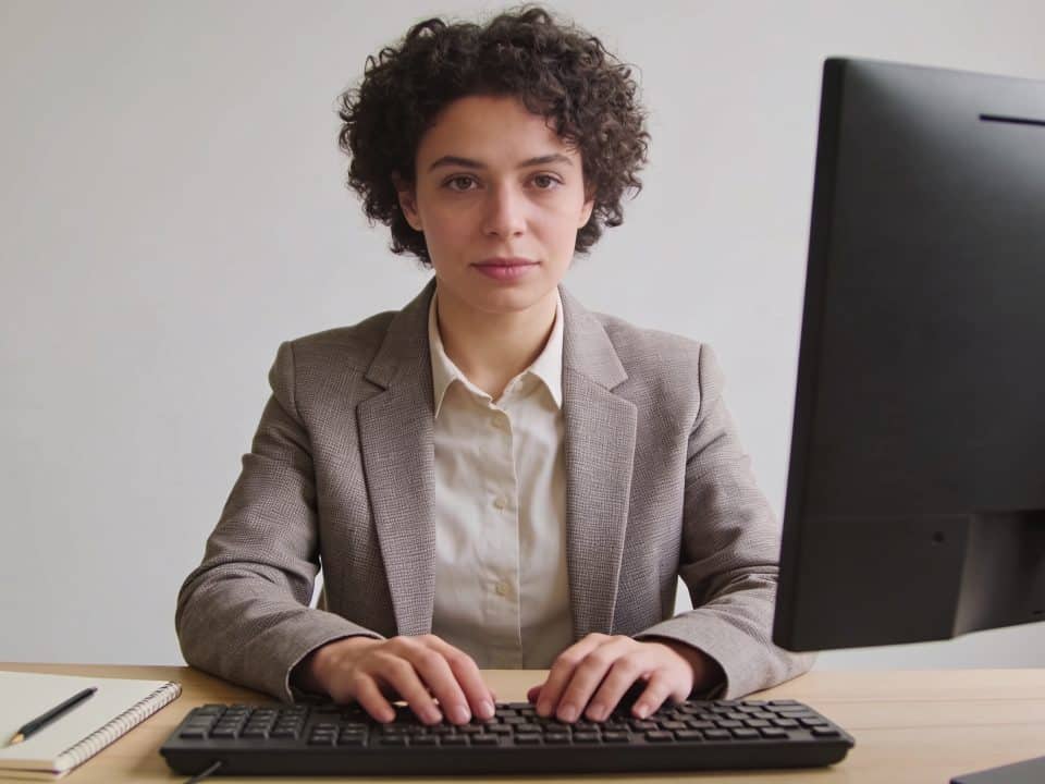 Conseiller aide chomeur assis devant ordinateur