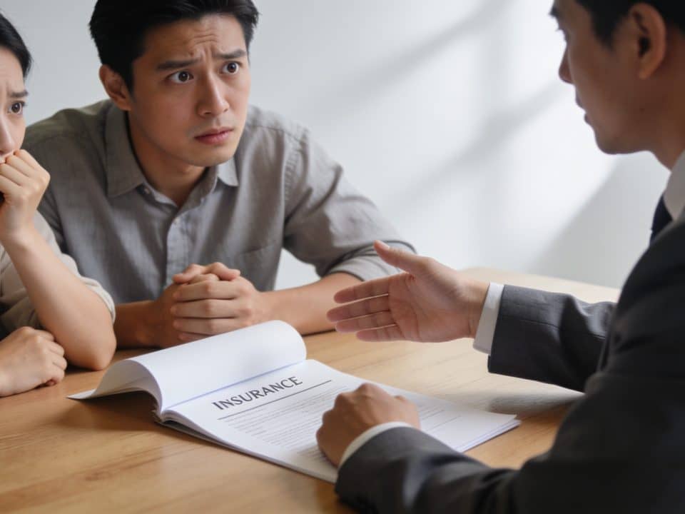 couple anxieux devant conseiller financier montrant contrat assurance