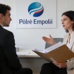 demandeur demploi assis devant conseiller pole emploi