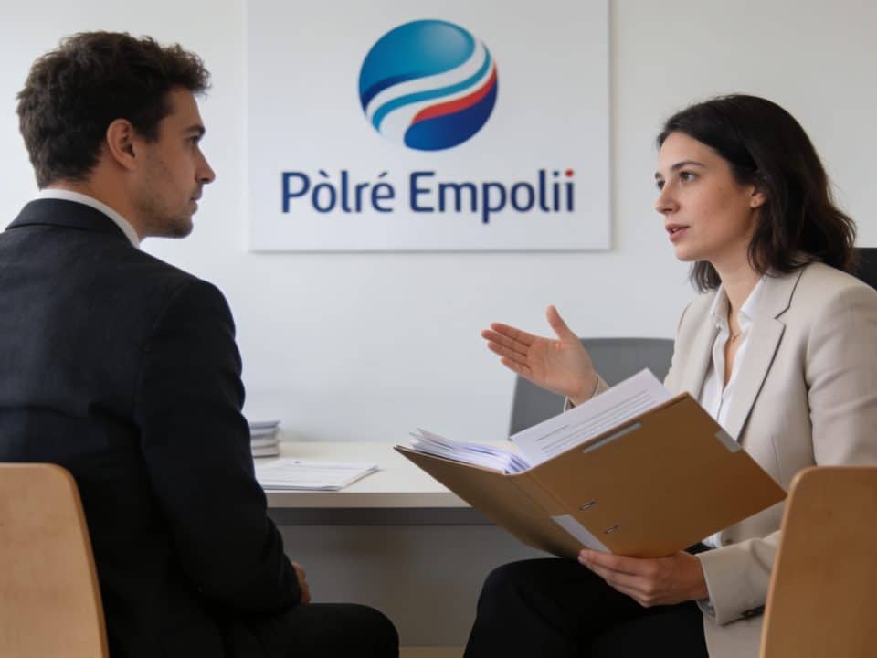 demandeur demploi assis devant conseiller pole emploi