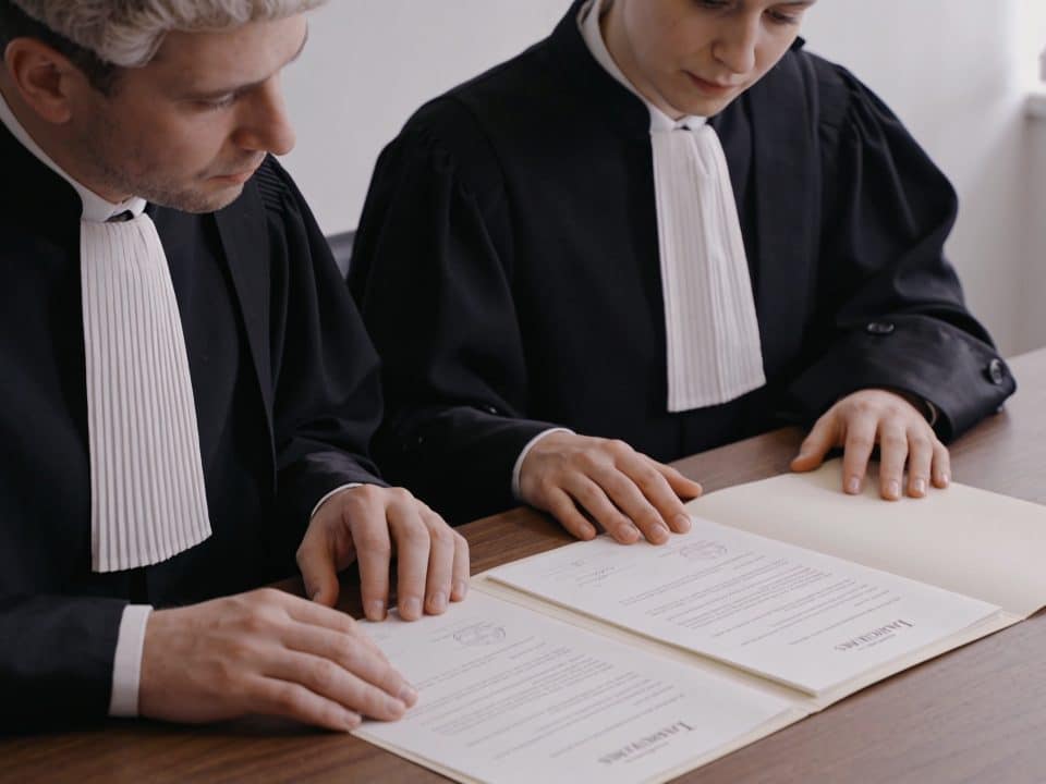 deux notaires assis cote a cote examinant un testament