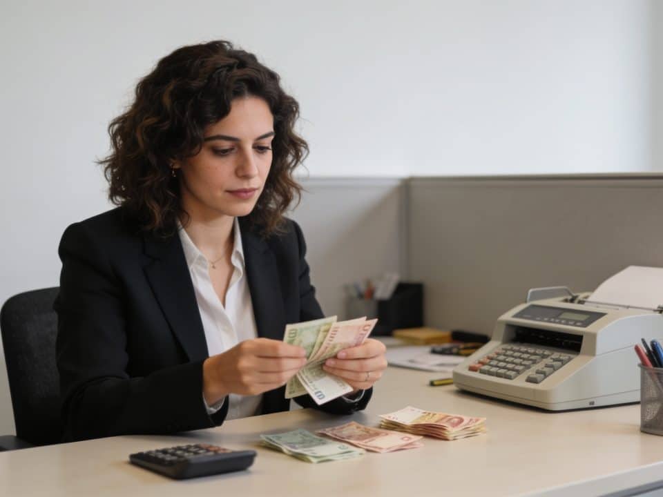 employe espagnol assis au bureau comptant des billets