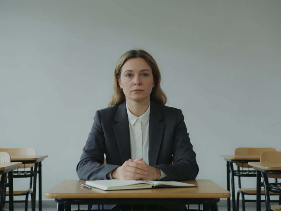 Femme adulte concentree assise a un bureau étudiant avec cahiers et stylo