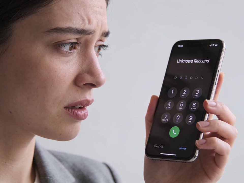 femme inquiete regarde ecran de smartphone affichant numero inconnu