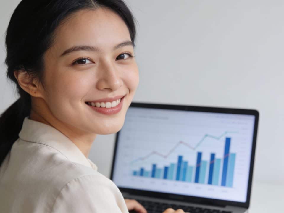 femme souriante assise devant ordinateur portable graphs financiers
