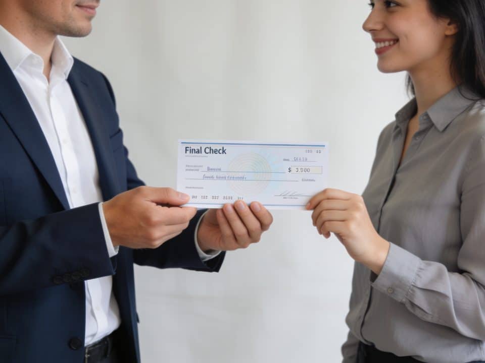 formateur remet cheque final a stagiaire souriant
