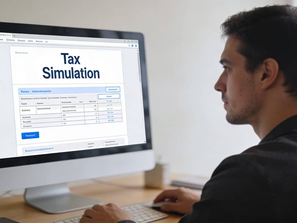 homme assis devant ordinateur affichant simulation impots