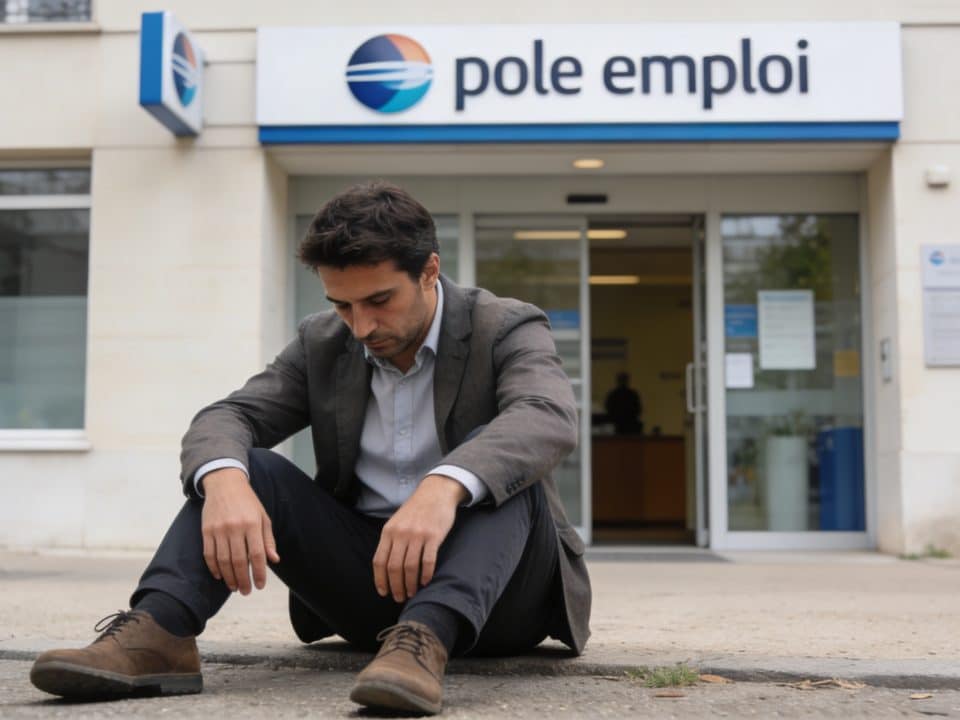 homme assis par terre devant bureau de pole emploi