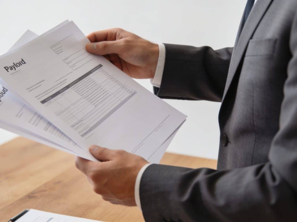 Homme en costume consultant des fiches de paie