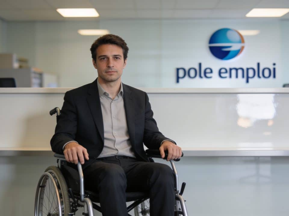 Homme en fauteuil roulant devant guichet pole emploi