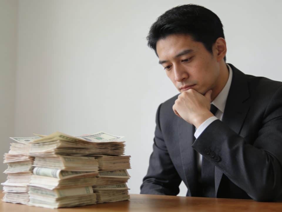 Homme pensif devant piles de billets inutilises