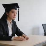 jeune diplome assis seul au bureau vide