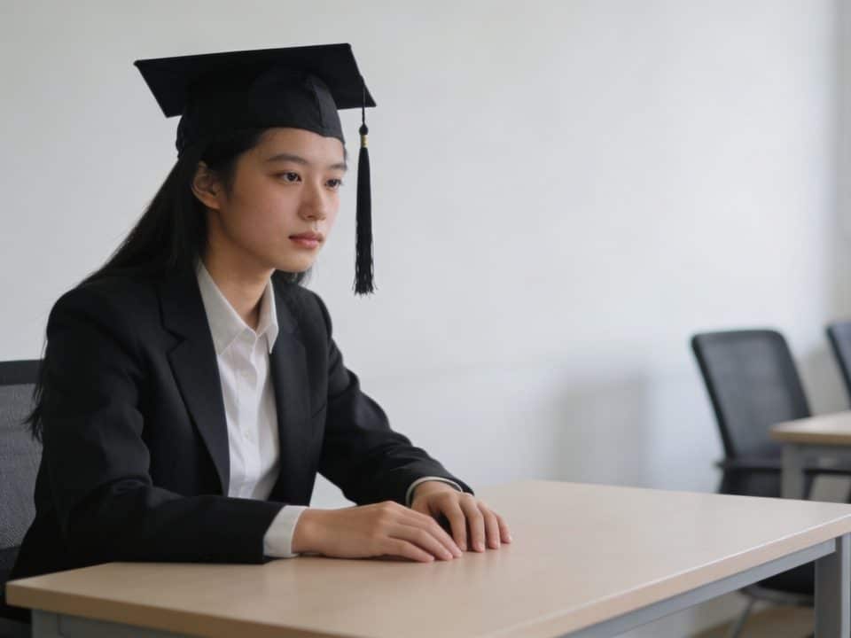 jeune diplome assis seul au bureau vide