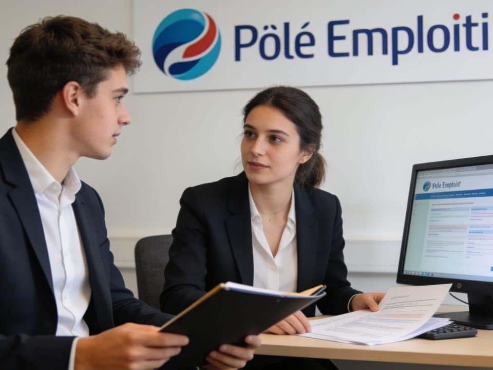 Jeune employe assis devant conseiller Pole emploi