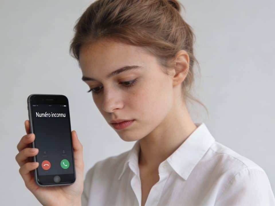 Jeune femme regarde son telephone, numero inconnu affiché