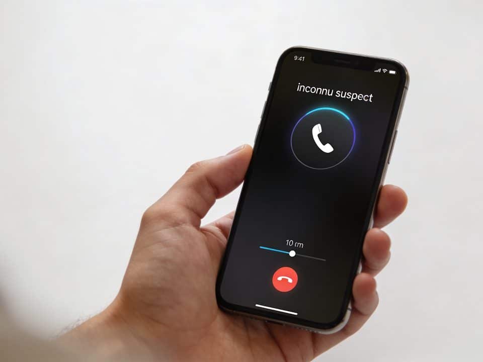 smartphone en main affichant appel inconnu suspect
