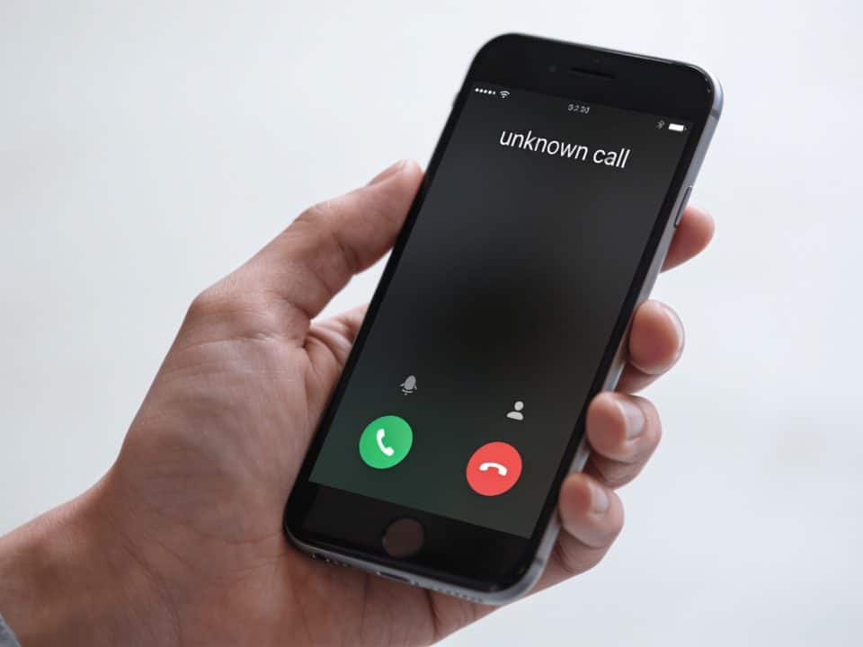 smartphone tenu en main affichant un appel inconnu