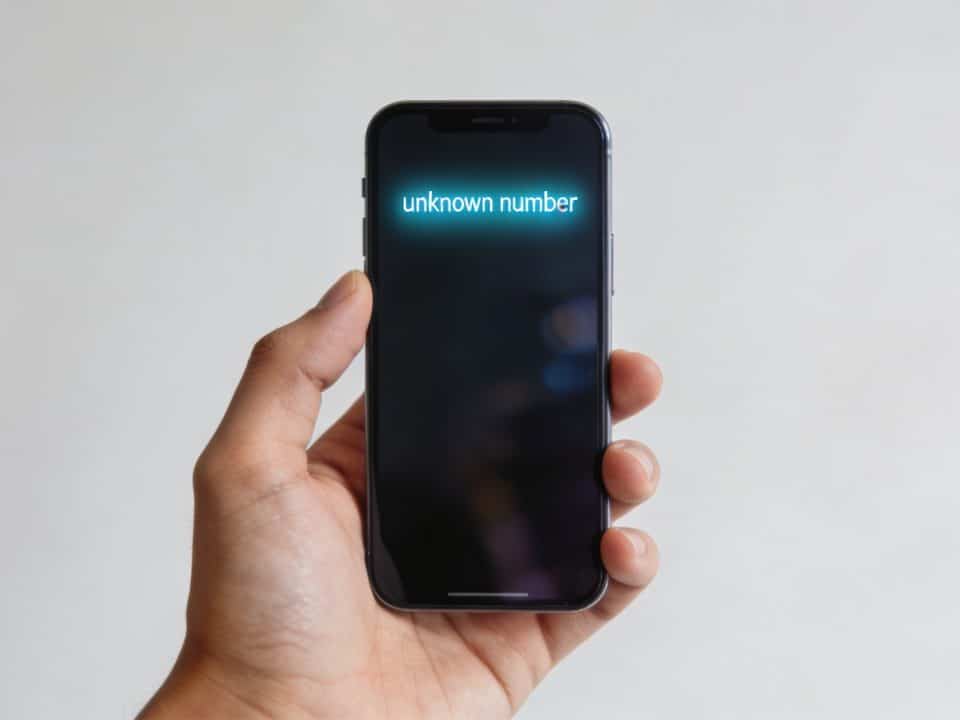 smartphone en main affichant numero inconnu lumineux