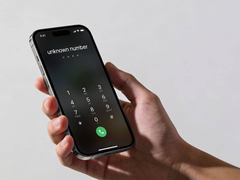 Smartphone en main affichant un numero inconnu